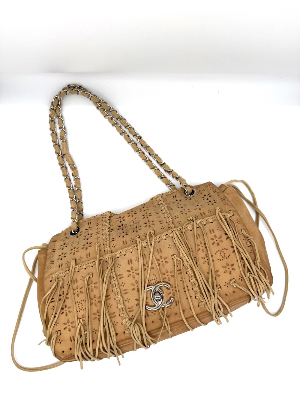 Chanel Tan Brown Suede Fringe Floral CC Flap Bag